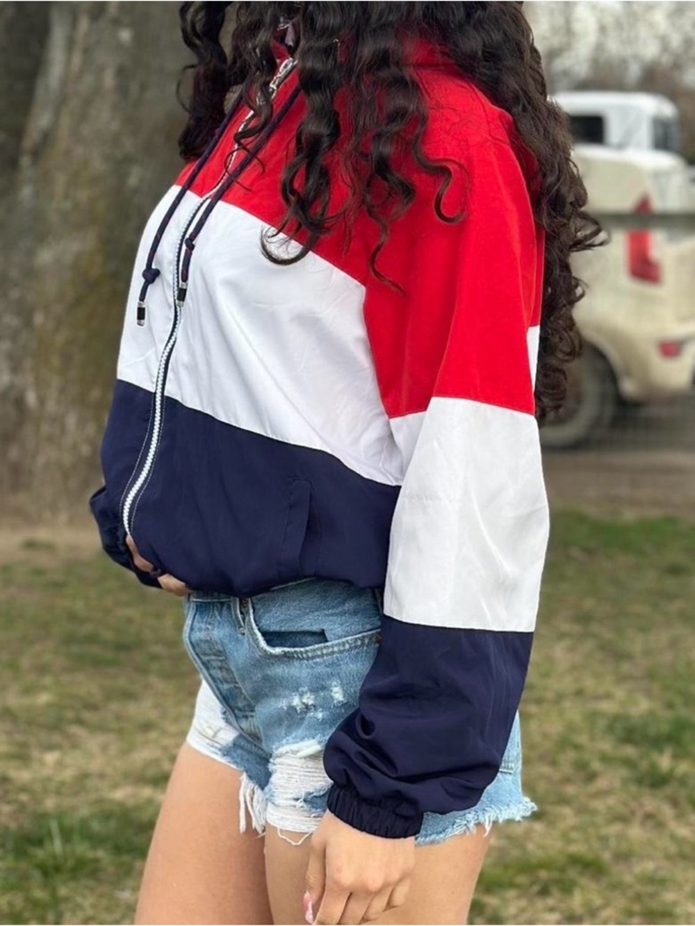 Colorblock Red White Navy windbreaker- Women's Lightweight Zip-Up